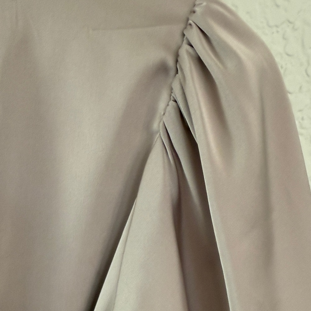Satin‎ Wrap Dress in Champagne With Ruffled Asymmetric Hem - Picture 8 of 16